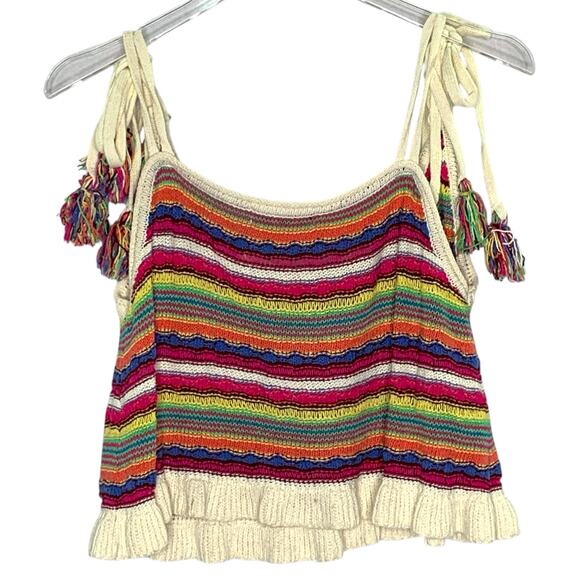 Zara S Womens Multicolor Striped Cropped Knit Top Crochet Tassel Boho Hippie - Picture 2 of 9